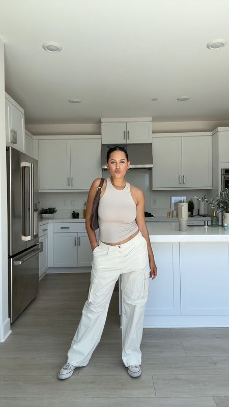 comfy and casual summer outfit with a skims tank essential that I LOVE and low rise cargo pants 🤍 I got a size small in the tank and a size large in the pants for the oversized look 

#LTKStyleTip #LTKVideo #LTKU