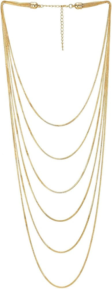 COOLSTEELANDBEYOND Multi-Strand Waterfall Statement Necklace Choker Collar Box Chains, Dress Part... | Amazon (US)