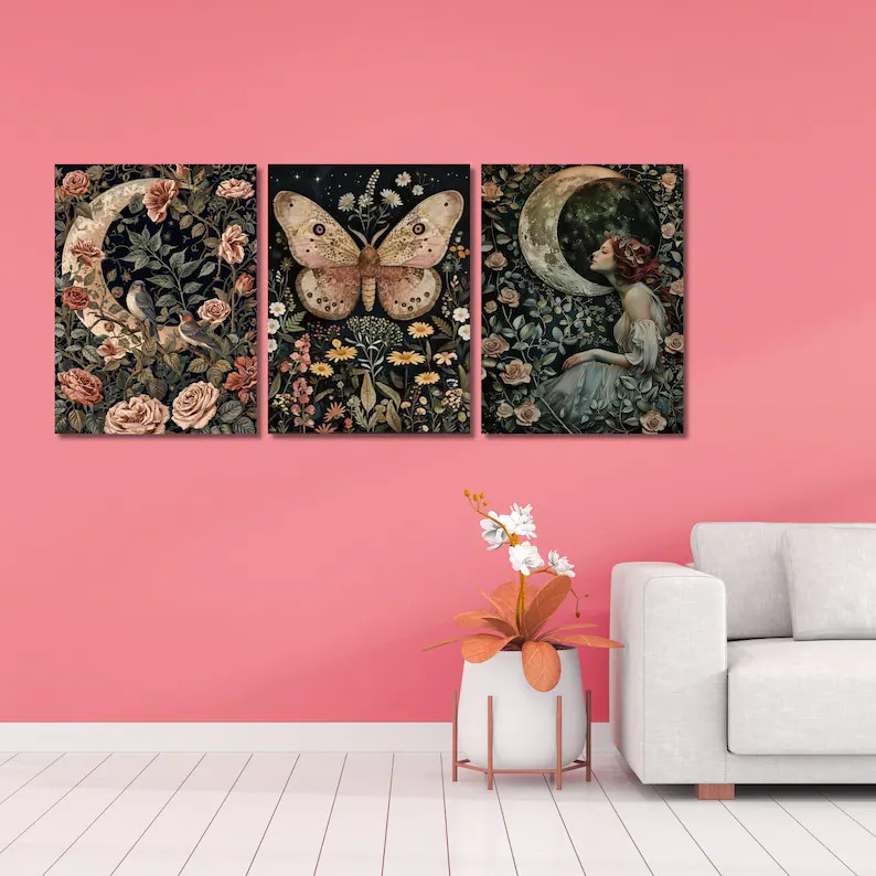 Cottagecore Canvas Wall Art Set of 3,dark Floral Botanical Print,moon Butterfly Woman,william Mor... | Etsy (Global)