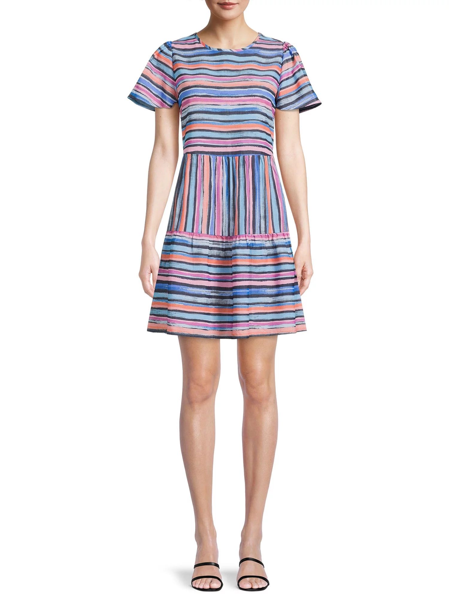Time and Tru Women's Short Sleeve Printed Woven Mini Dress | Walmart (US)