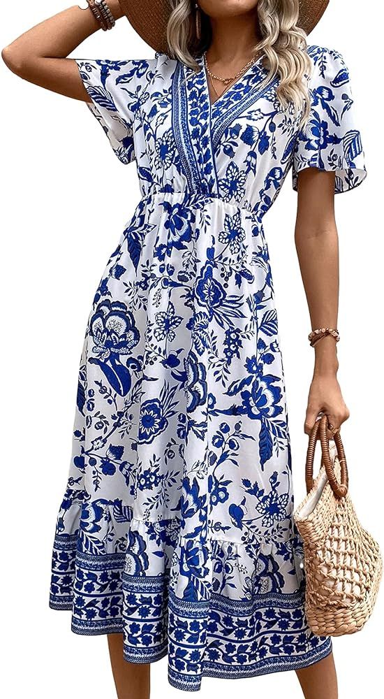 Milumia Summer Flowy Bohemian Dresses for Women 2023 Boho Floral V Neck Ruffle Hem Maxi Dress | Amazon (US)