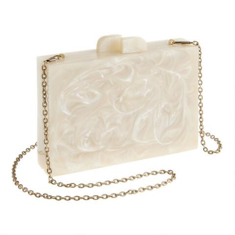 Ivory And White Marbled Structured Clutch With Chain | World Market