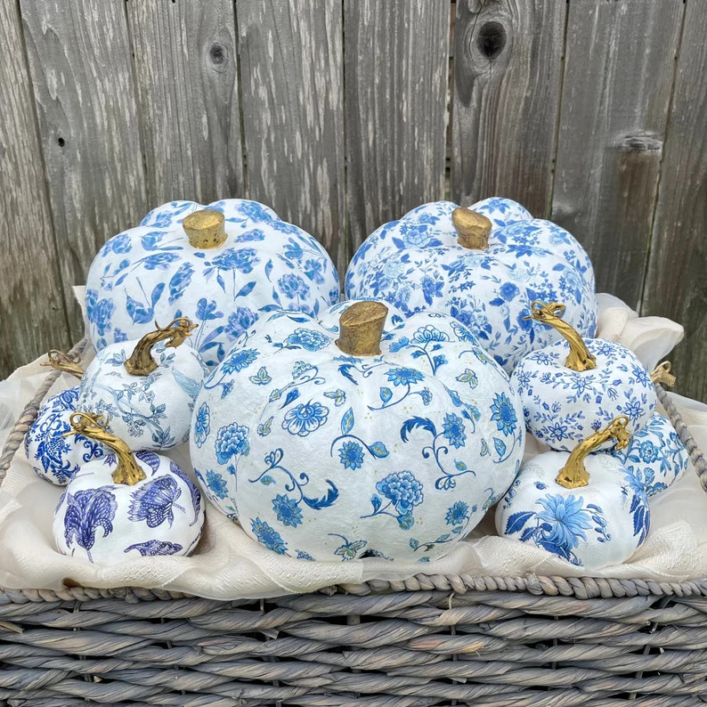 Artisan Decoupage Pumpkins, Chinoiserie Chic in Blue & White, Indigo and Cobalt Blue Patterns - E... | Etsy (US)