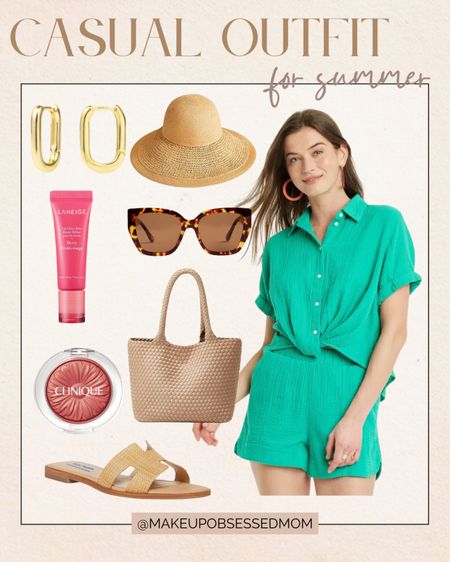 Here's a cute casual outfit you can wear this Summer! A green matching set, neutral sandals, woven handbag, stylish sunglasses, and more! 
#midlifestyle #summerfashion #everydayfashion #womenover50

#LTKSeasonal #LTKOver40 #LTKStyleTip