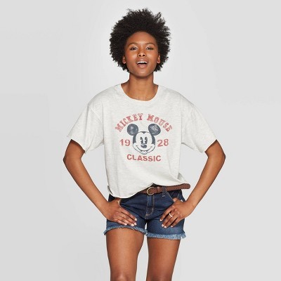 Women's Mickey Mouse Short Sleeve Classic Cropped Graphic T-Shirt (Juniors') - Light Gray | Target