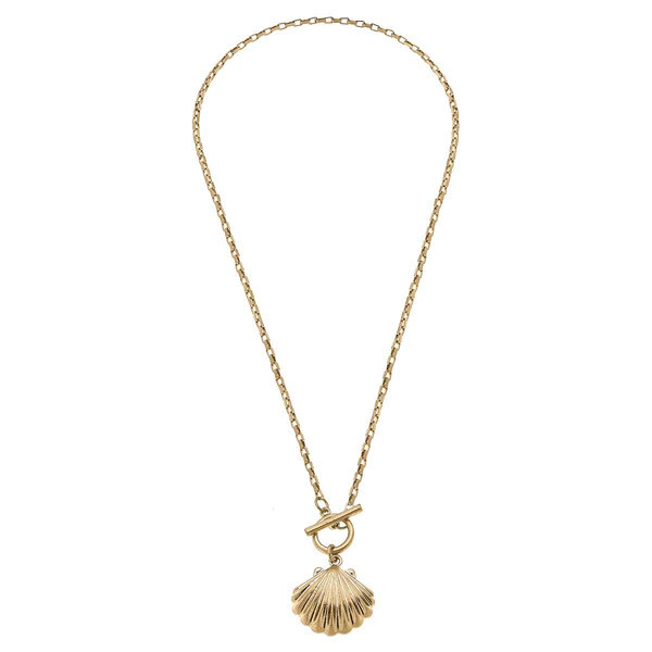 Scallop Shell T-Bar Charm Necklace in Worn Gold | CANVAS