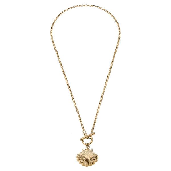 Scallop Shell T-Bar Charm Necklace in Worn Gold | CANVAS