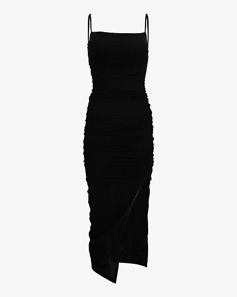 Express  Body Contour Mesh Ruched Side Slit Midi Dress in