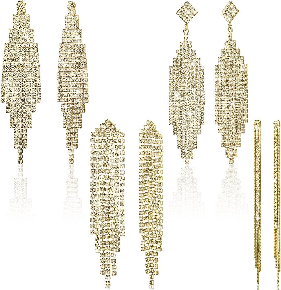 4 Pairs Chandelier Dangle Drop Earrings for Women Rhinestone Earrings Crystal Fringe Long Tassel ... | Amazon (US)