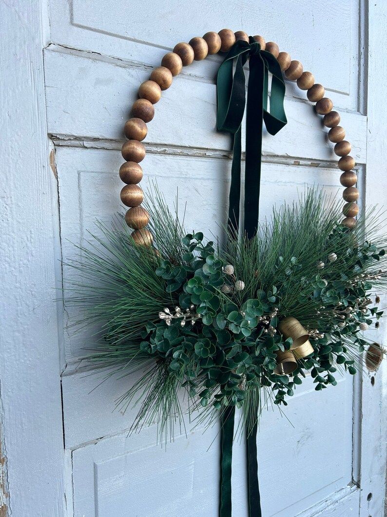 Emerald Green and Gold Bead Hoop Wreath for Front Door - Etsy | Etsy (US)