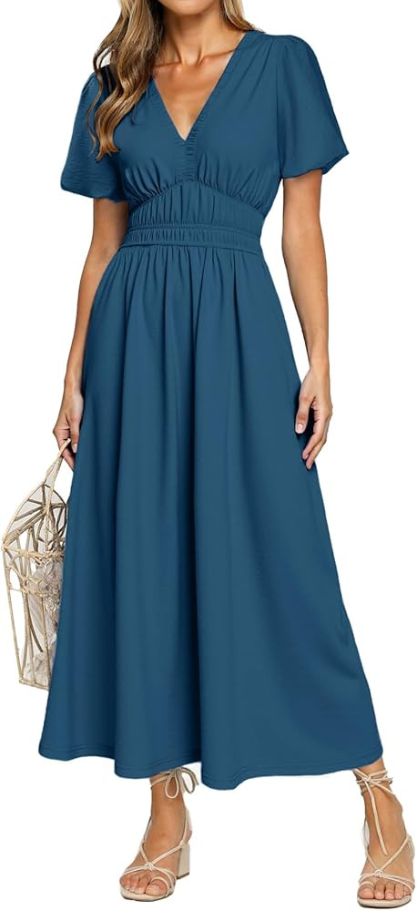 Simplee Women's Summer Flowy Midi Dress Casual V Neck Short Sleeve Empire Waist Boho Beach Dress ... | Amazon (US)