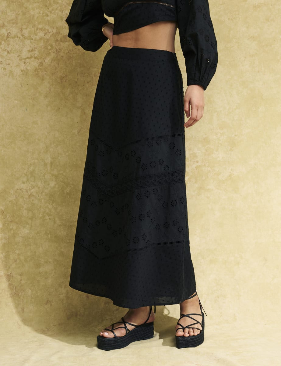 Black Broderie Olympia Midi Skirt | Nobody's Child