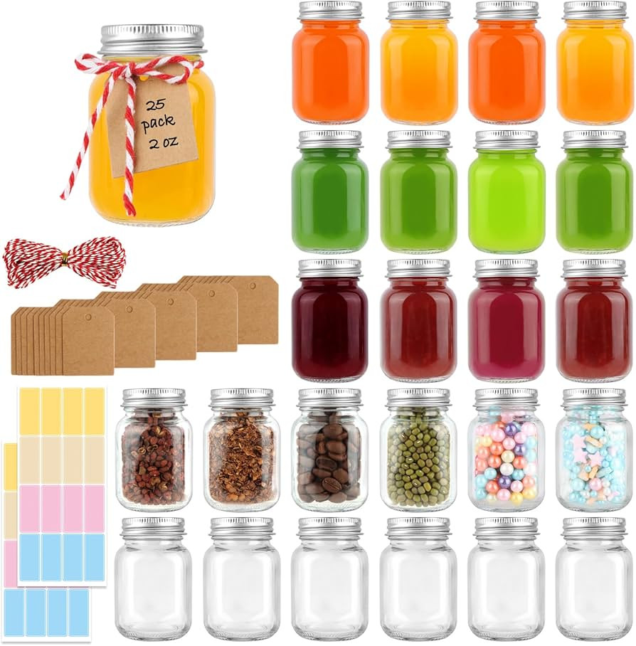 CARBLIN 25 Pack 2 oz Mason Jars with Silver Lids, Mini Glass Jar for Ginger Shots, Small Juice Sh... | Amazon (CA)
