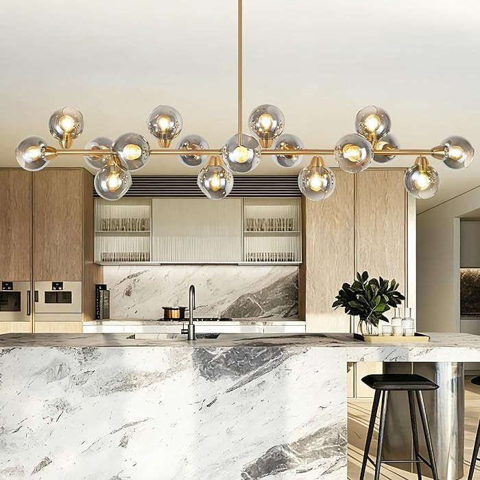 75'' Gold Linear Chandeliers for Dining Room with Smoke Gray Open Glass Shade Gold Linear Sputnik... | Amazon (US)