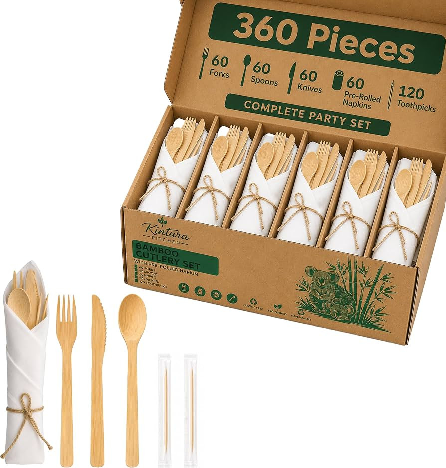 Premium Pre-Rolled Bamboo Cutlery Set, 360 Pcs Disposable Wooden Silverware with Napkins - 60 For... | Amazon (US)