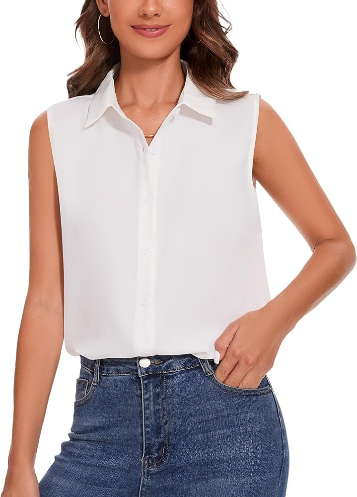 YAMANMAN Womens Sleeveless Button Down Shirt Classic Collared Blouse Basic Tank Tops Work Office ... | Amazon (US)