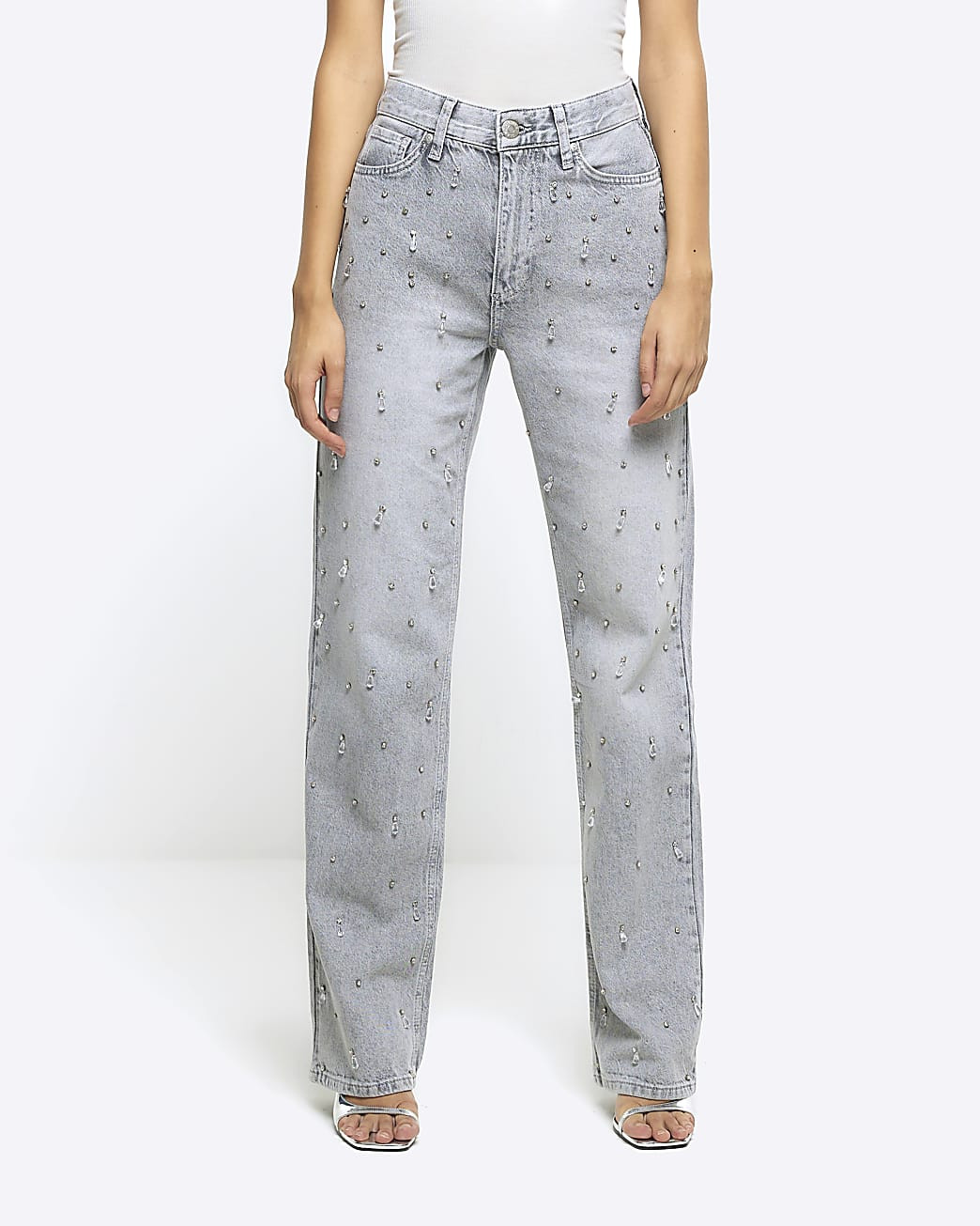 Grey embellished relaxed straight jeans | River Island (UK & IE)