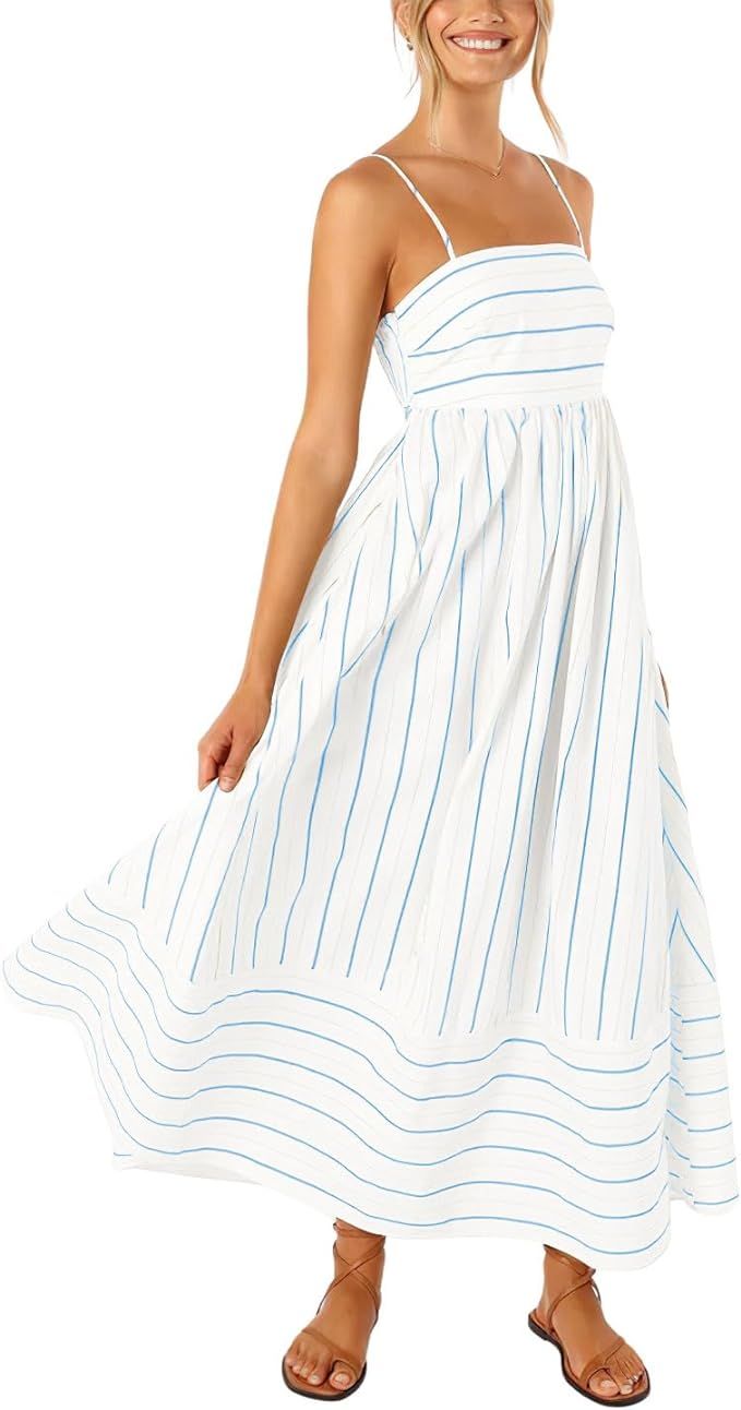 chouyatou Women's Striped Back Smocked Maxi Dress Sexy Spaghetti Strap Cut Out Flowy Swing Long D... | Amazon (US)