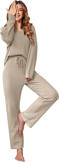Ekouaer Women's Waffle Knit Pajama Sets Comfy Long Sleeve Lounge Sets 2 Piece Matching Pj Sets wi... | Amazon (US)