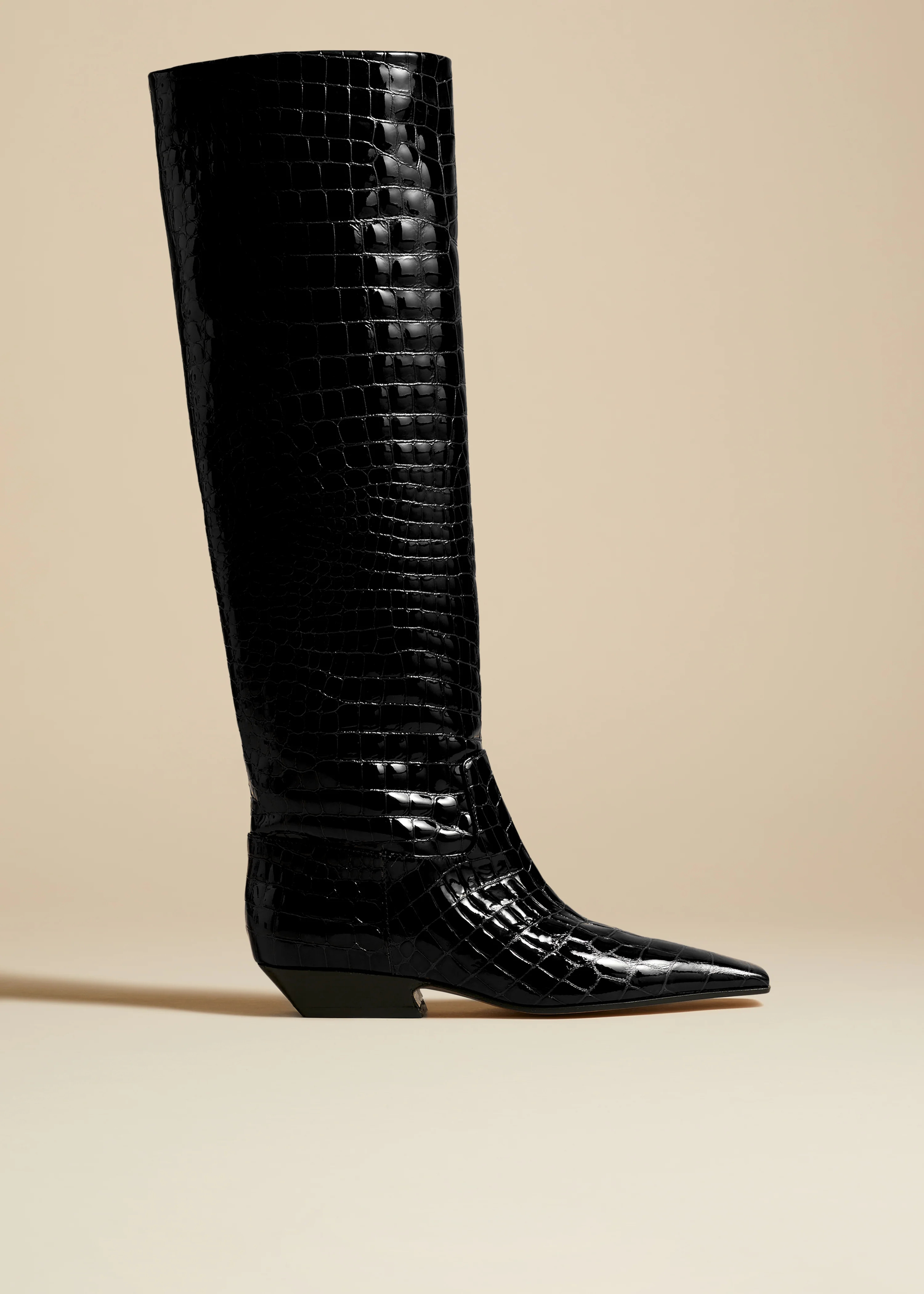 KHAITE - The Marfa Knee-High Boot In Black Croc-Embossed Leather | Khaite