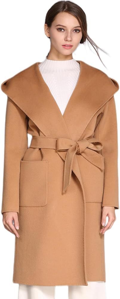 Helan Apparel Handmade Women Hooded Cashmere Wool Coat With Wide Lapels and Belt | Amazon (US)