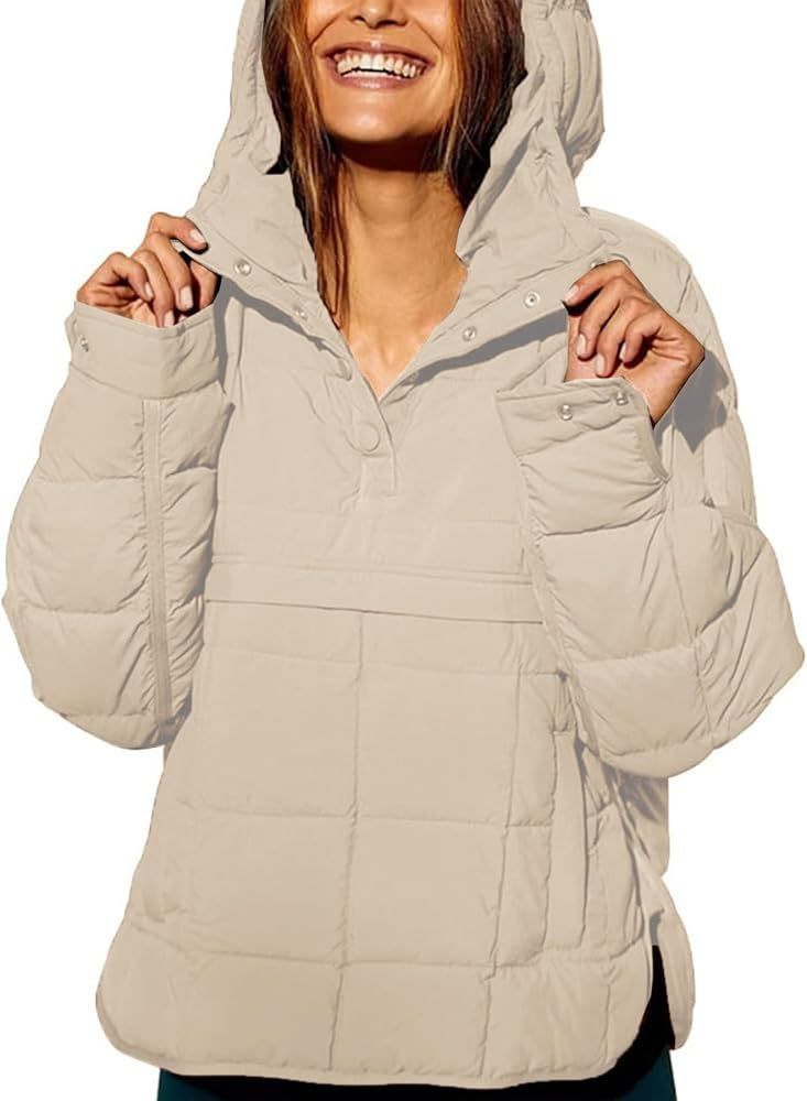 Womens's Lightweight Down Coat Long Sleeve Button Quilted Pullover Puffer Jacket Packable Hooded ... | Amazon (US)