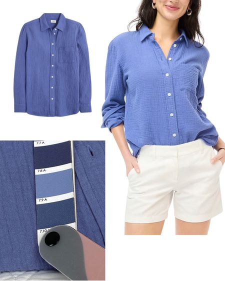 J. Crew Gauze Button-Down Shirt

Color is near/between 7.9A & 7.10A on the color swatches.

The gauze button-down appears to be sold out in this color right now, so I added a few items in this same “noble peri” color.