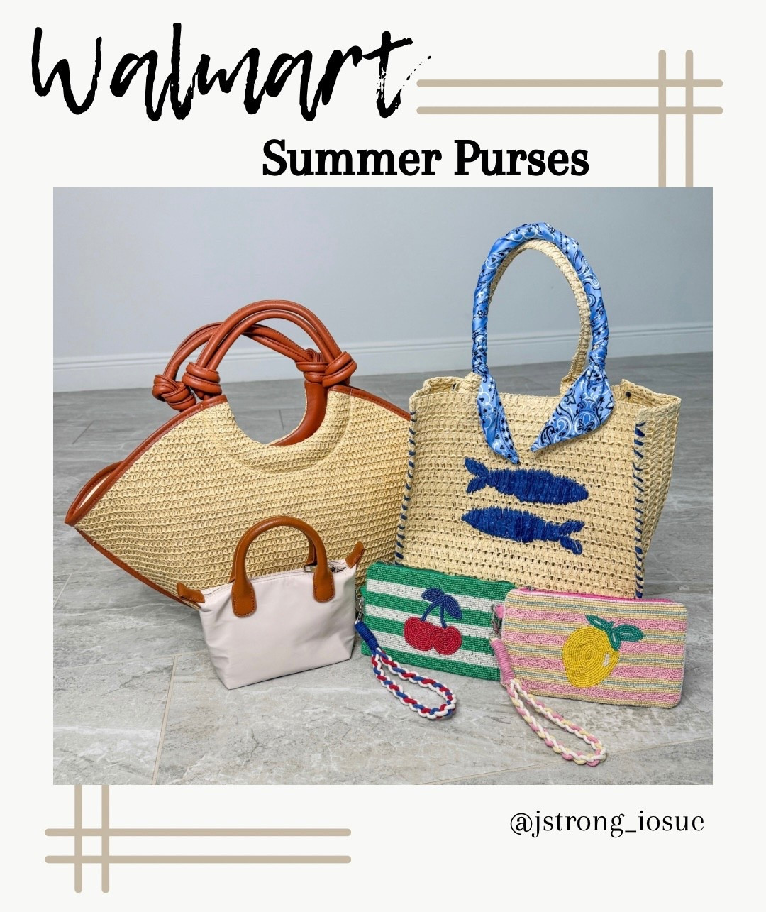 Walmart summer purses, totes and wristlets! Tote is great for vaca and taking to the beach/pool too! Fish straw mini tote can be used as a purse or pool bag. Mini tan purse is a look for less! Wristlets are beaded and come in several fun summer themes! 

#LTKgrwm #LTKootd