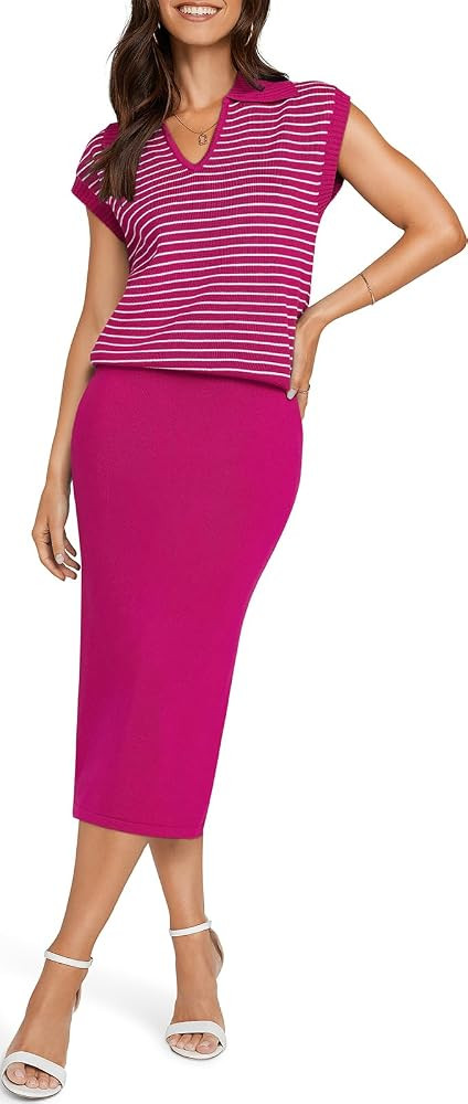 UEU Women's 2 Piece Outfits Sweater Skirt Sets 2025 Summer Trendy Casual Striped Vest Tops Tank R... | Amazon (US)