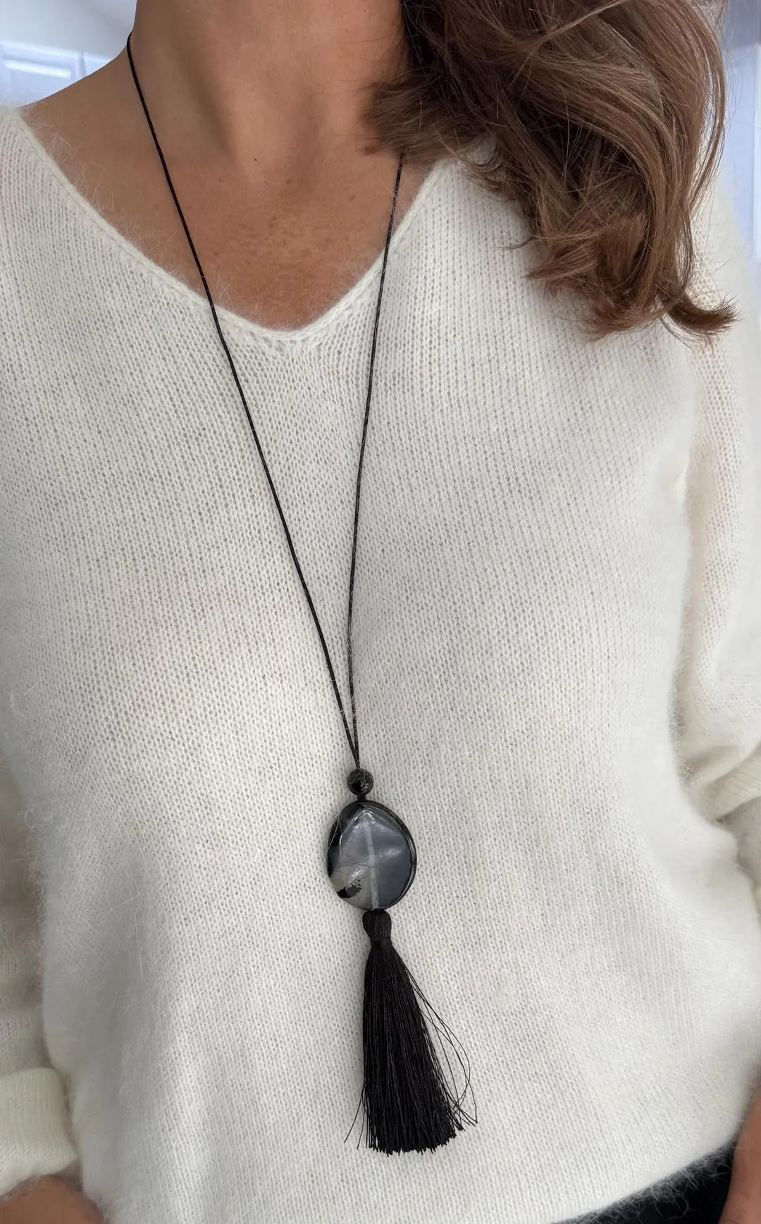 Black Gemstone Tassel Pendant Necklace – Boho Chic Statement Jewelry - Etsy | Etsy (US)