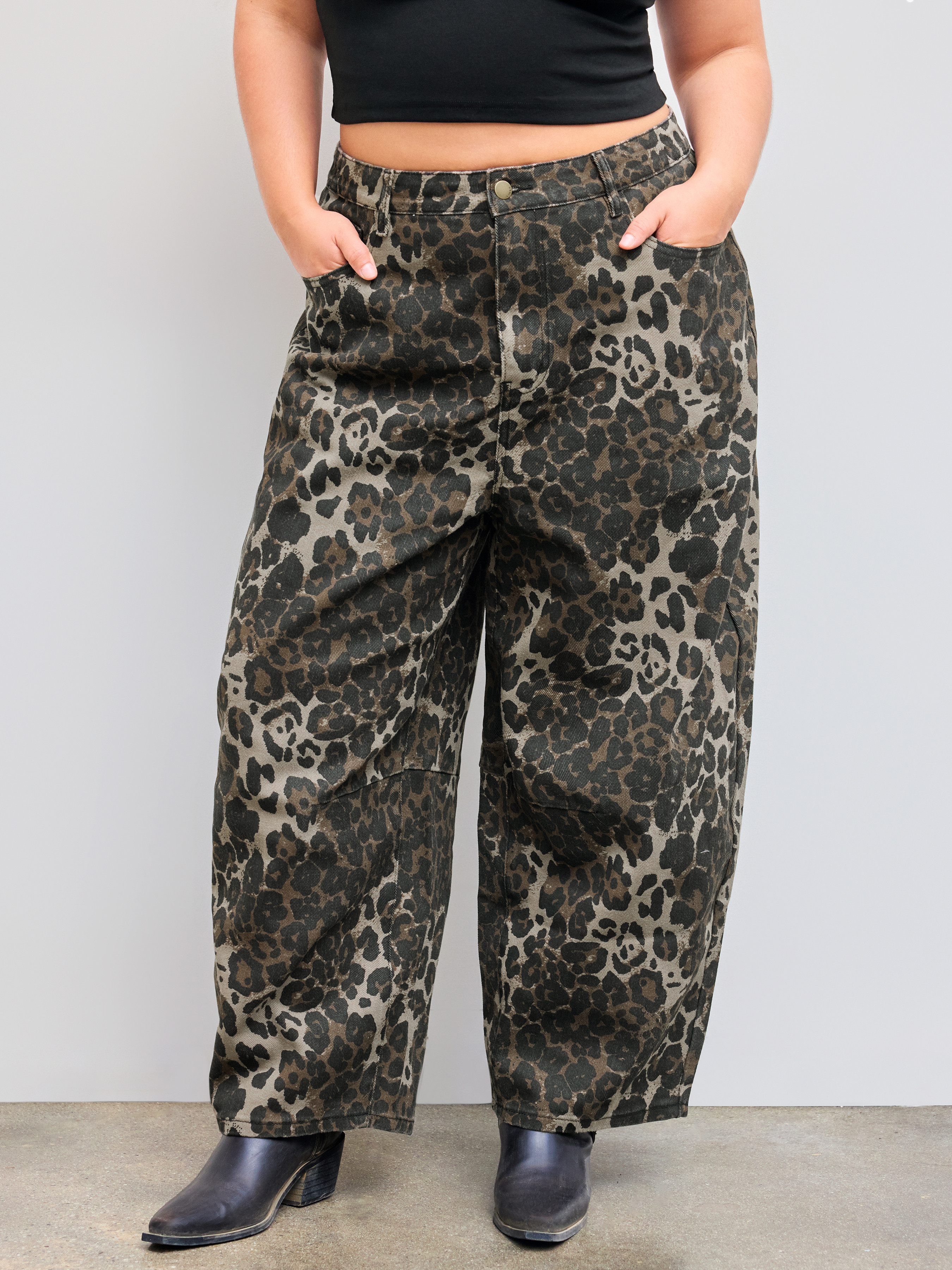 Denim Cider Denim Mid Rise Leopard Pocket Barrel-leg Jeans Curve & Plus For Music Festival/Live H... | Cider