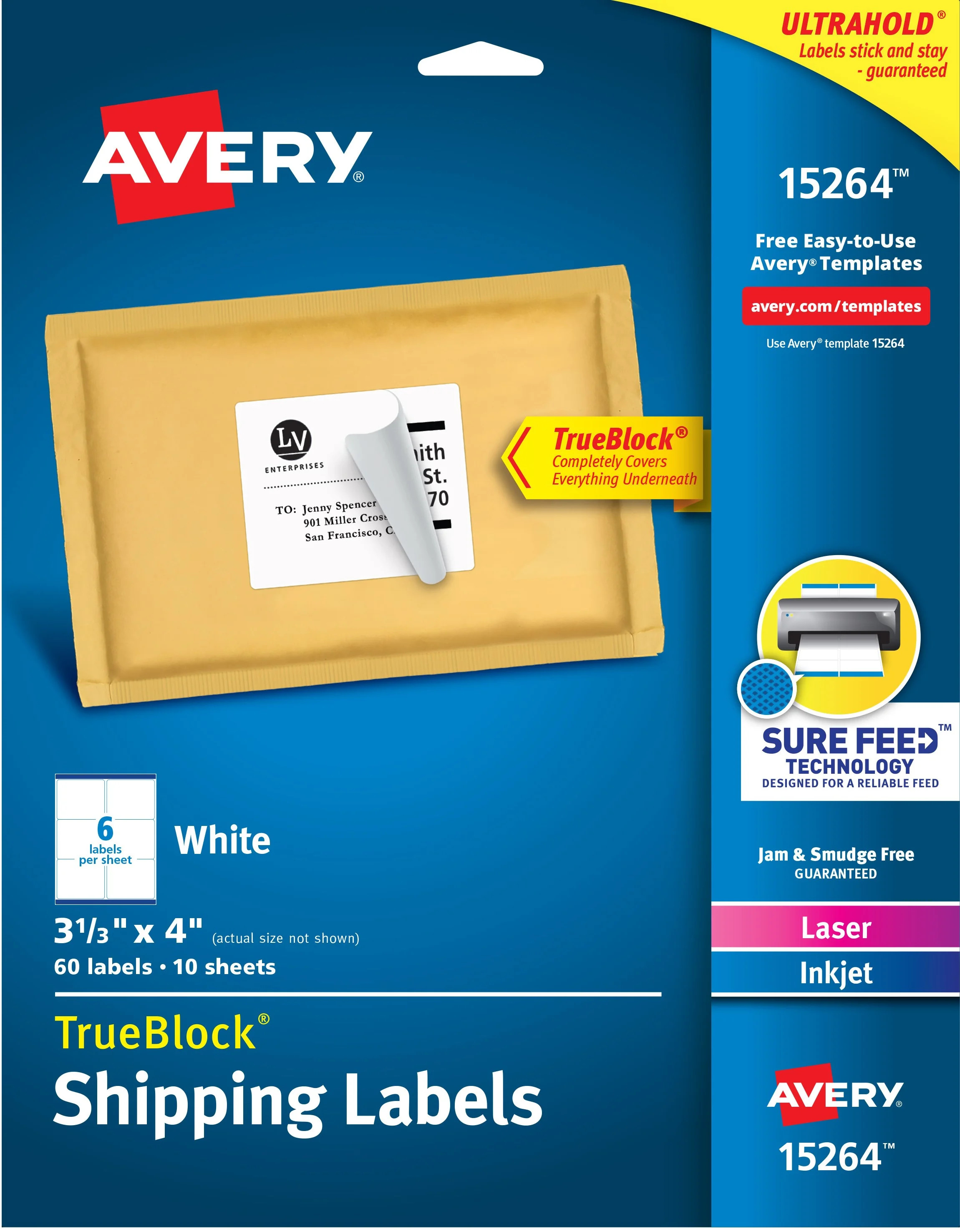 Avery Shipping Labels, White, 3-1/3" x 4", Sure Feed, Laser/Inkjet, 60 Labels (15264) | Walmart (US)