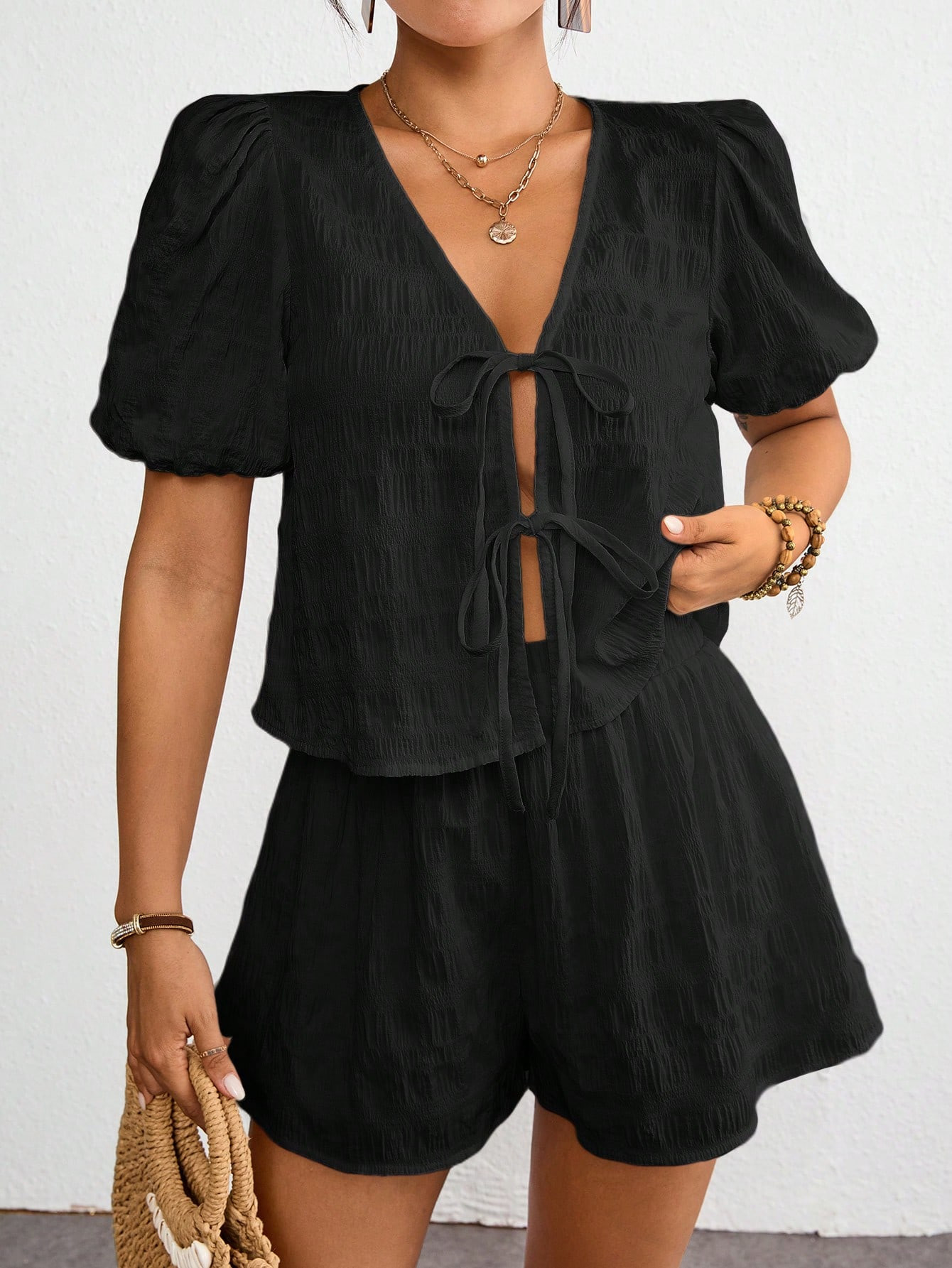 SHEIN VCAY Women's Summer Solid Color Front Tie Shirt And Shorts Set,Short Sleeve Shirt And Short... | SHEIN