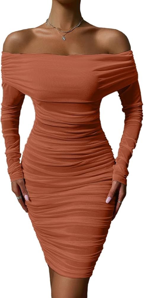 Women's Sexy One Shoulder Sleeveless Mesh Ruched Cocktail Party Midi Bodycon Dress | Amazon (US)