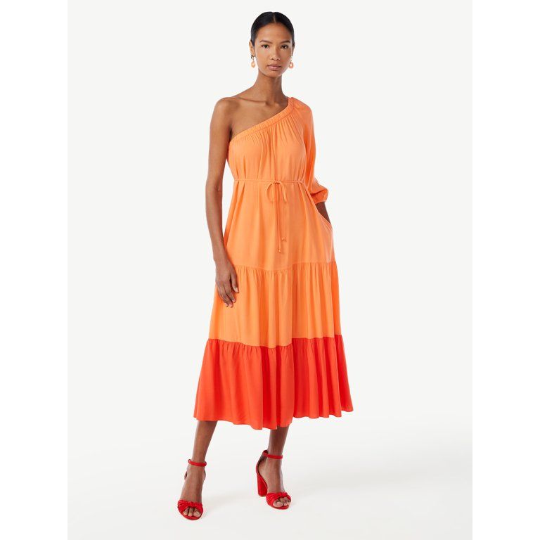 Scoop Women's One Shoulder Color Block Maxi Dress with Tie Front | Walmart (US)