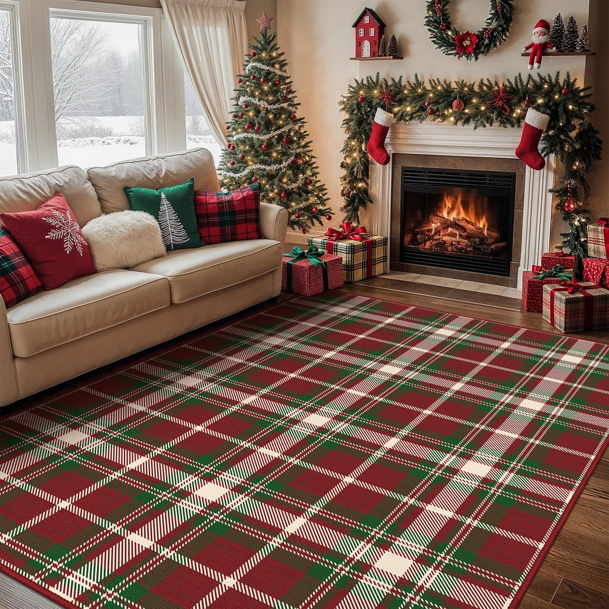 Christmas 6x9 Area Rugs for Living Room Bedroom,Xmas Checkered Buffalo Plaid Rug,Machine Washable... | Amazon (US)