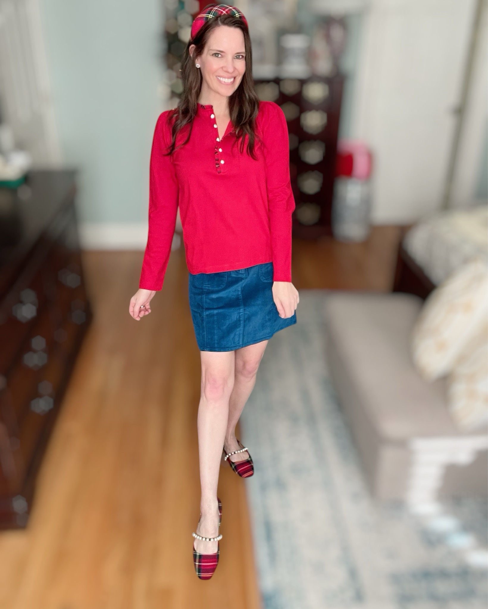 Keeping it festive and comfy over here 🎄❤️ This jewel-button henley from J.Crew Factory is such an easy holiday top — soft, lightweight, and has that subtle sparkle detail that feels dressy without trying. Paired it with the corduroy mini for a pop of seasonal color and then brought in the tartan with my headband + flats to tie it all together. Such a cute little outfit for classroom parties, Santa brunch, cookie decorating, or a casual day out! 🎁✨

⸻

cozy holiday outfit, preppy Christmas outfit, J.Crew Factory holiday, tartan headband, tartan flats, Christmas outfit idea, casual holiday style, women’s festive outfit inspo, winter outfit ideas, easy holiday outfits, classic preppy style, merry & bright style

#LTKFindsUnder100 #LTKFindsUnder50 #LTKHoliday