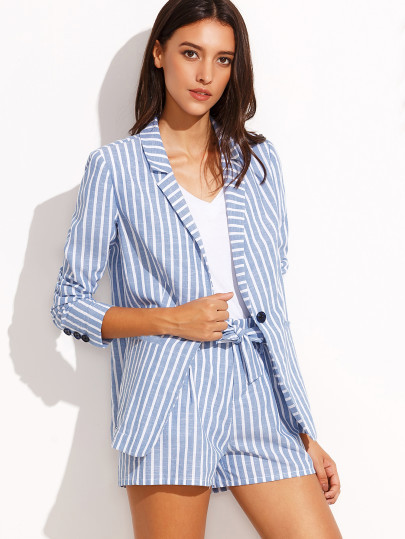 Blue Striped Lapel Blazer with Tie Waist Shorts | SHEIN
