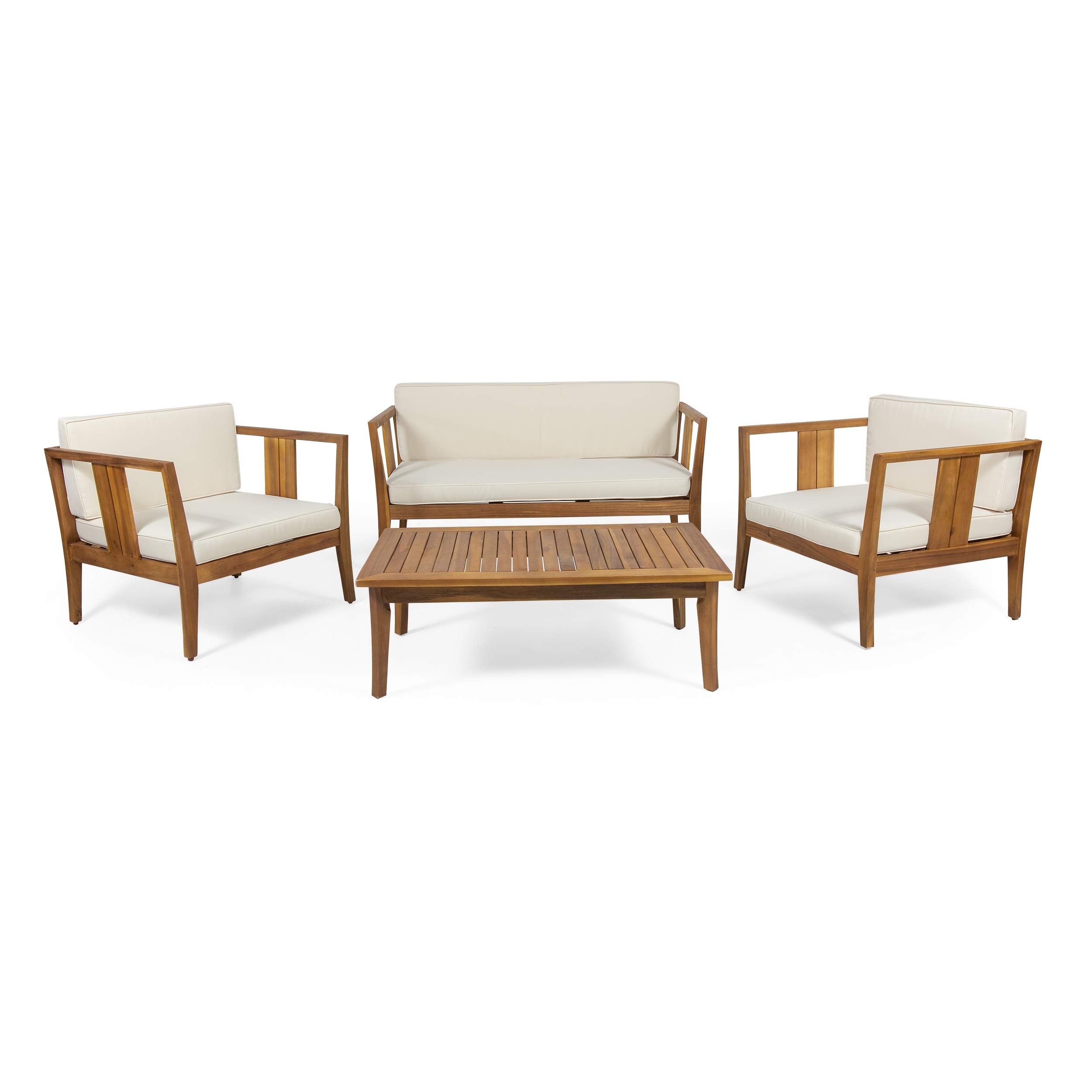 Christopher Knight Home Beatrice Outdoor 4 Seater Acacia Wood Chat Set, Teak and Beige | Amazon (US)