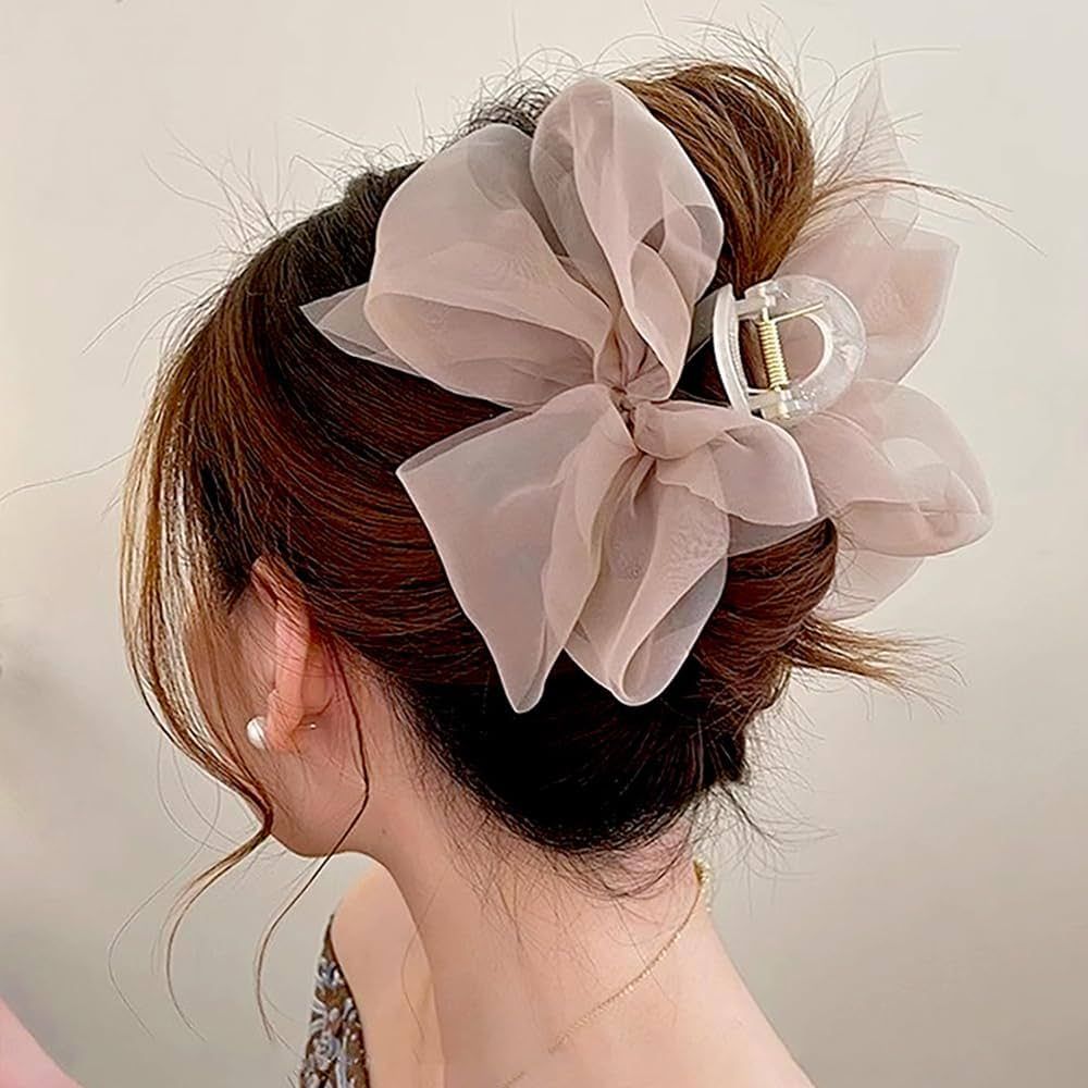 Light Coffee Chiffon Bowknot Hair Claw Clips Tulle Bow Hair Claw Clip Large Claw Clips for Thick ... | Amazon (US)