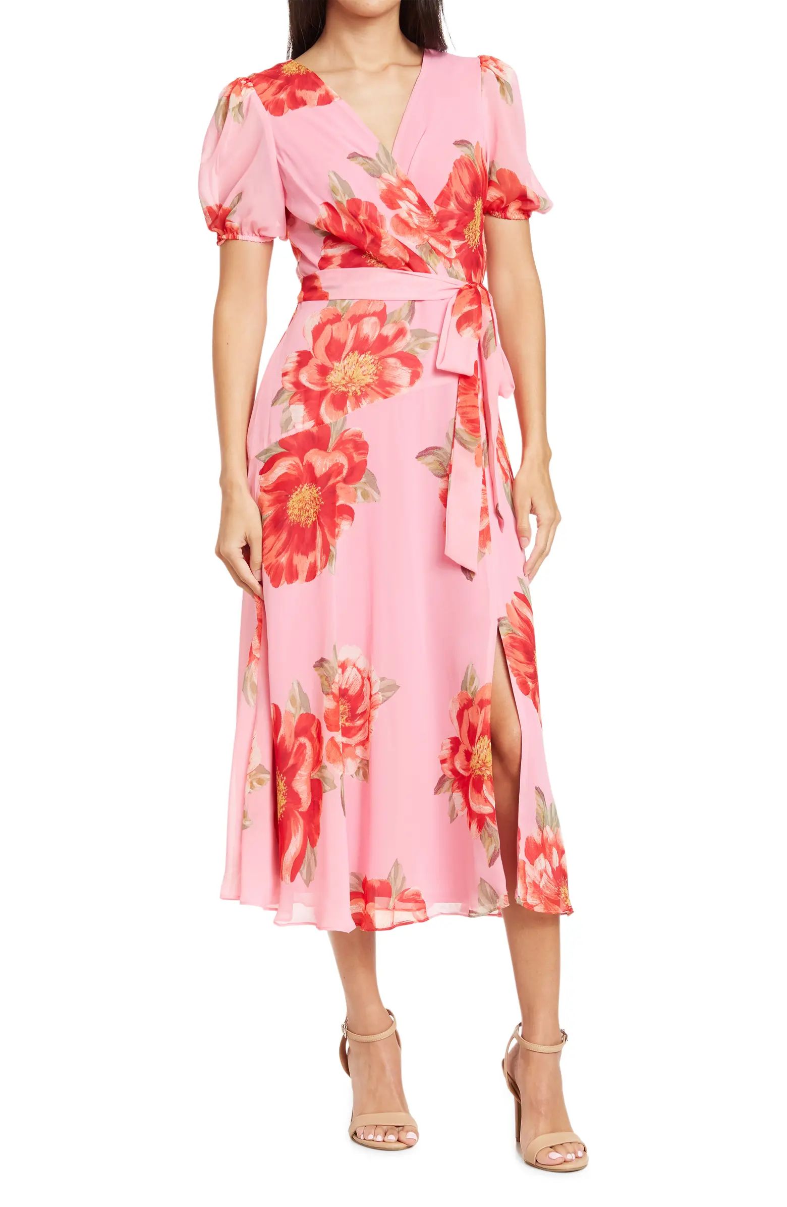 Gabby Skye Surplice Neck Short Sleeve Floral Print Chiffon Fit & Flare Dress | Nordstromrack | Nordstrom Rack