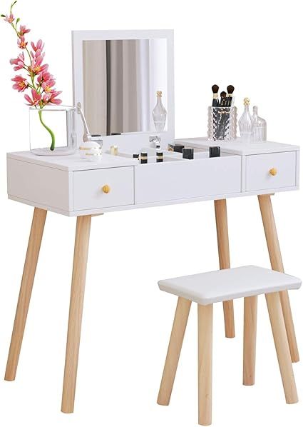 White Dressing Table with Flip Up Mirror, Vanity Makeup Table Set with 2 Drawers, Stool and Stora... | Amazon (UK)