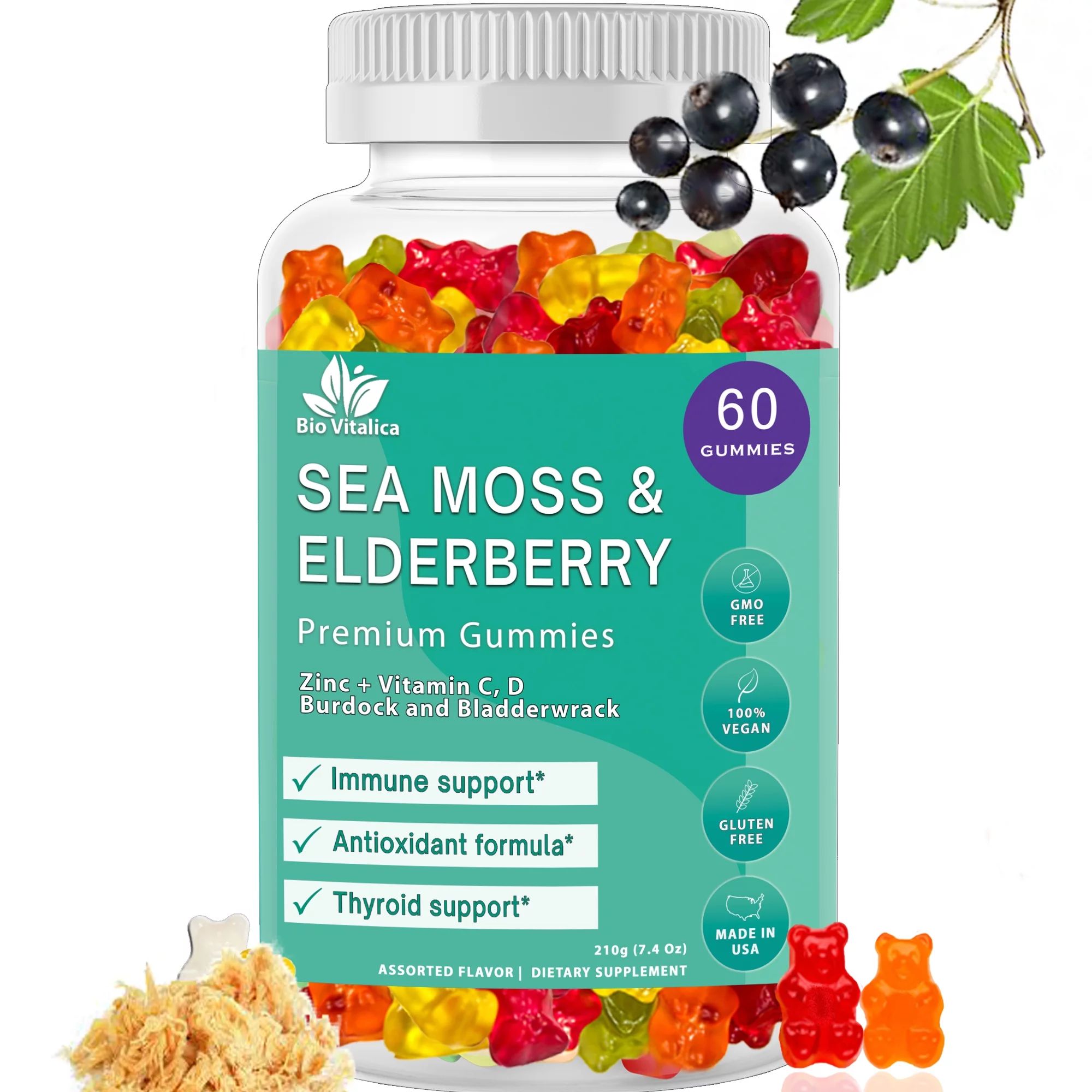 Sea Moss Gummies Elderberry Biovitalica - Vitamin C D + Zinc - Irish Seamoss Vegan Gummy with Sea... | Walmart (US)