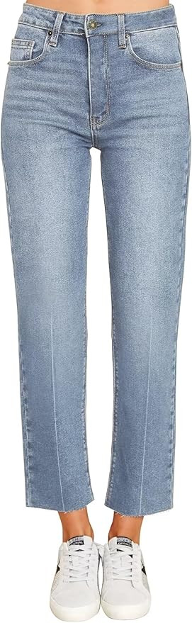 KDF Women's Cropped Straight Leg Jeans - High Waisted Jeans for Women 7/8 Length Denim Pants with... | Amazon (US)