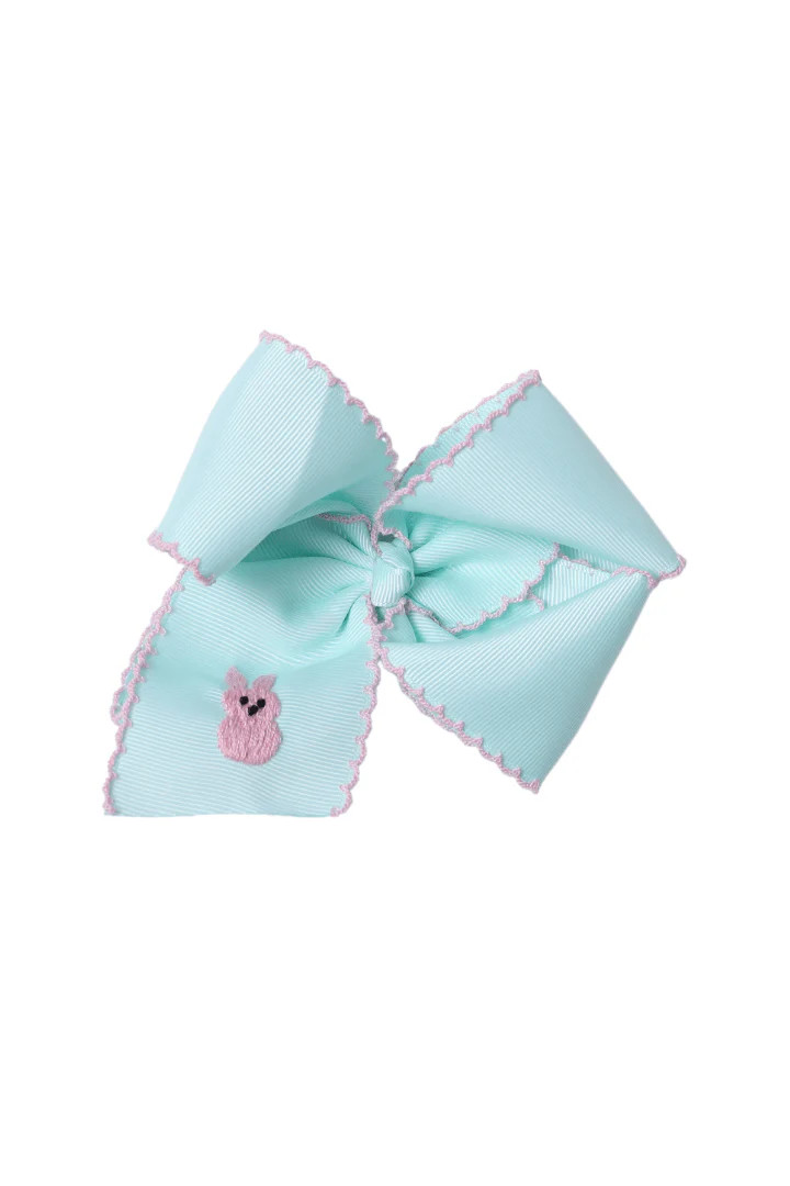 Scalloped Edge Grosgrain Bow with Embroidered Peep Mint/Pink | The Smocked Flamingo