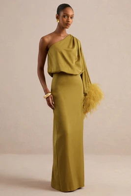 Felicity | Olive Satin Asymmetric-Neck Maxi Dress With Feather Detailing | Club L London