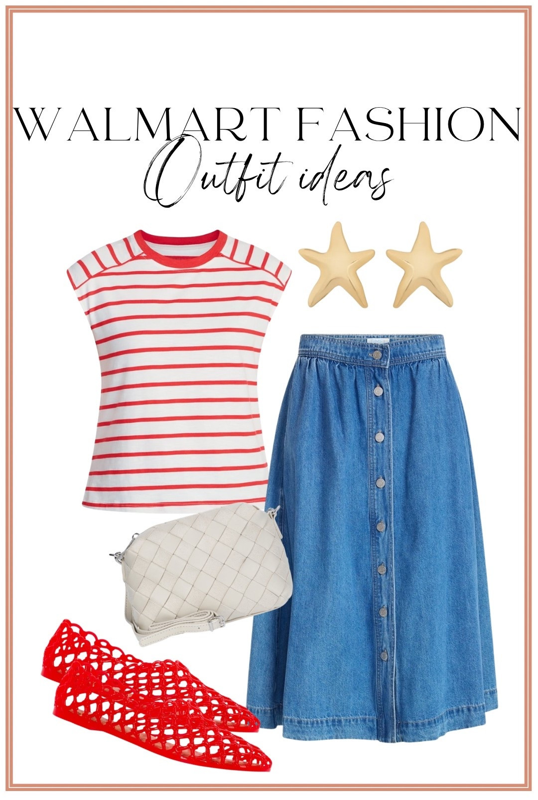 This might be my favorite easy summer outfit yet! The red striped tee paired with this button-front denim midi skirt gives classic coastal vibes with a fun pop of color. And can we talk about these red jelly flats?! 😍

❤️ Classic red stripe tee
👖 Denim midi skirt you’ll wear on repeat
✨ Trendy jelly flats that elevate the whole look
👜 Affordable accessories that look so high-end

Perfect for summer outings, weekend errands, vacation strolls, and all your red, white, and blue celebrations.

#WalmartFashion #WalmartFinds #SummerOutfitIdeas #DenimMidiSkirt #StripedTee #AffordableFashion #RedWhiteAndBlueStyle #JellyFlats #CoastalStyle #FashionOnABudget #OOTD #SummerStyle

#LTKootd #LTKPetite