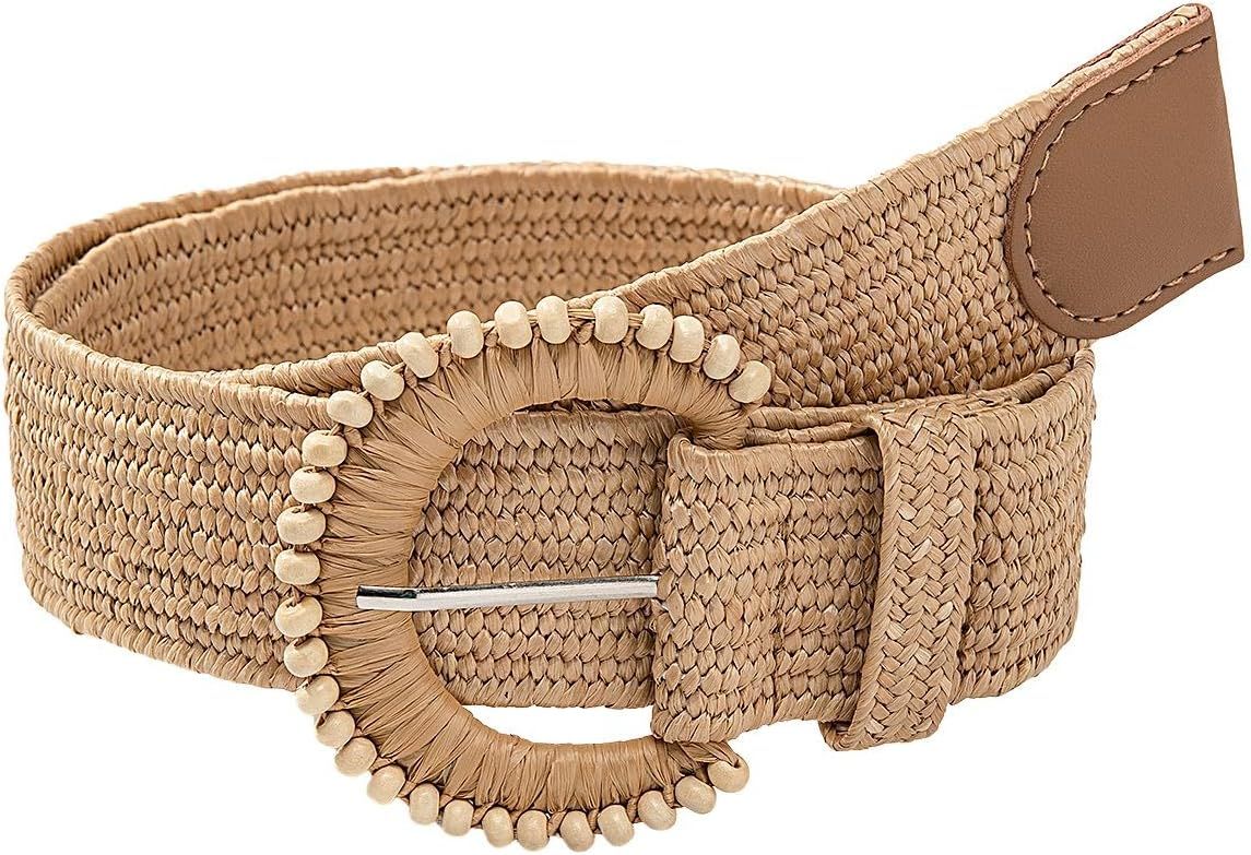 Verdusa Women's Round Buckle Straw Belts Boho Braided Waist Belt | Amazon (US)