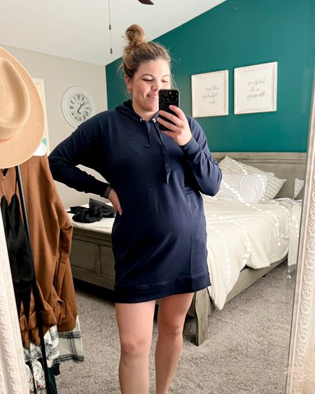 Long Sleeve Hooded Mini Sweatshirt Dress, Navy, Large - size 12 - fall dress - causal outfit #LTKCURVES #LTKunder50 #LTKseasonal