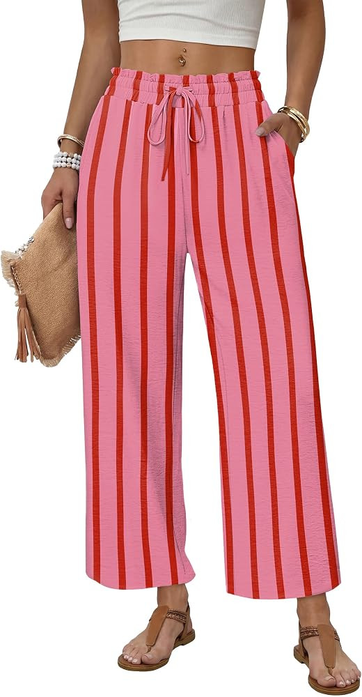 WIHOLL Wide Leg Pants Woman Flowy Palazzo Drawstring Elastic Waist Trousers with Pockets Casual L... | Amazon (US)